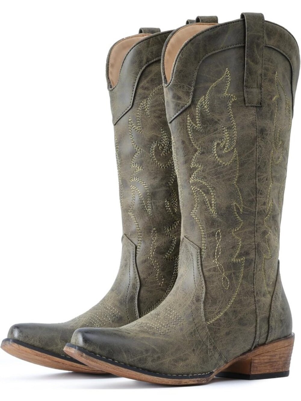 Women's Mid Calf Olive Green Cowgirl Boots with Embroidery Western Snip Toe